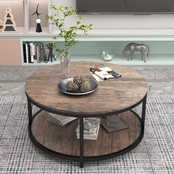 Modern Round Coffee Tables for Living Room, Wooden Top and Metal Shelf, Grey Bro