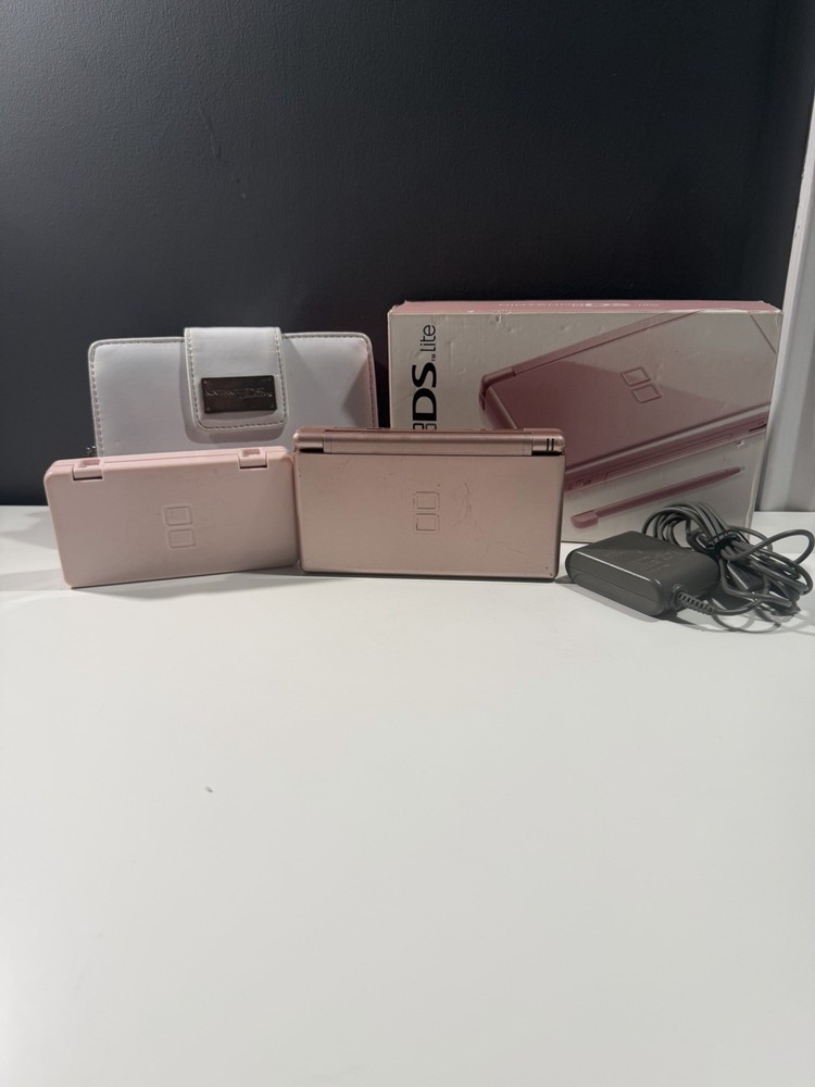 Nintendo DS Lite Metallic Rose System With Charger, Original Box, And 2 Cases