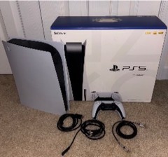 ps5 console, white, 2 controllers, HDMI cords, games