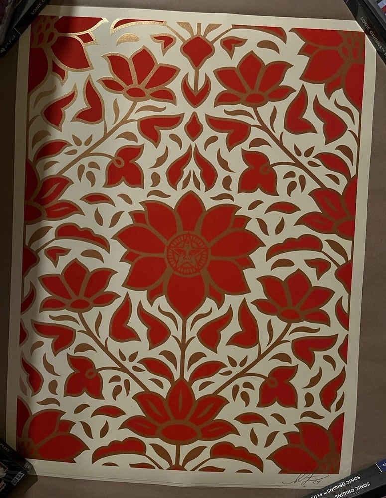 SIGNED Obey Deco Floral Pattern Red Edition Poster Art Print Shepard Fairey LE