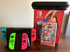 Nintendo Switch OLED – 64GB – Red/Blue with Green/Pink Joycons, Mario Game, Case