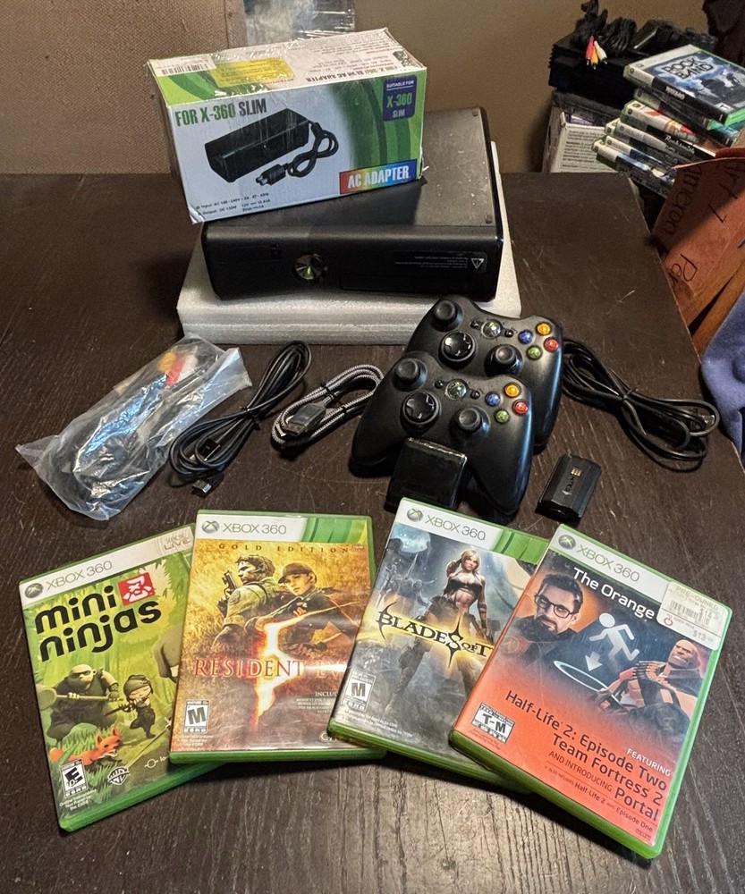 Microsoft Xbox 360 Slim Console Bundle With 4 Great Games, 2 Controllers & Dock