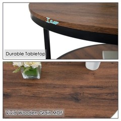 Modern Round Coffee Tables for Living Room, Wooden Top and Metal Shelf, Grey Bro