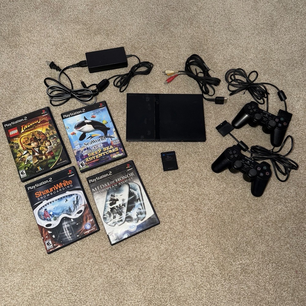 Sony PlayStation 2 Slim w/ Controllers, Games, and Cables [TESTED/WORKS]