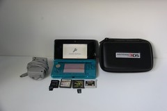 Nintendo 3DS Aqua Blue CTR-001 Console R4i Card Charger Case 2 Games SD Bundle