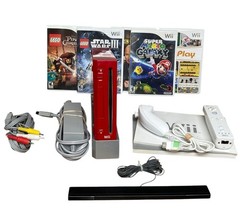 Nintendo Wii (RVL-101) Red Bundle 5 Games 1 Remote 1 Nunchucks VGC Mario Lego