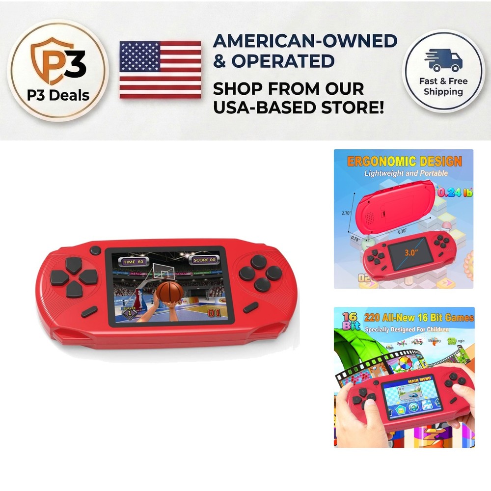 16-Bit Handheld Game Console – 220 Retro Games – 3.0” LCD – Ideal Gift in Red