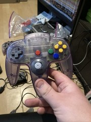 Nintendo 64 Black Console With 2 Purple Controllers And Power Cables