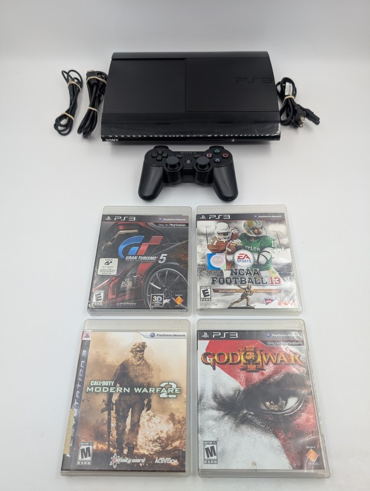 PlayStation 3 PS3 Super Slim CECH-4001B 250GB With 4 Games, Controller, Cables