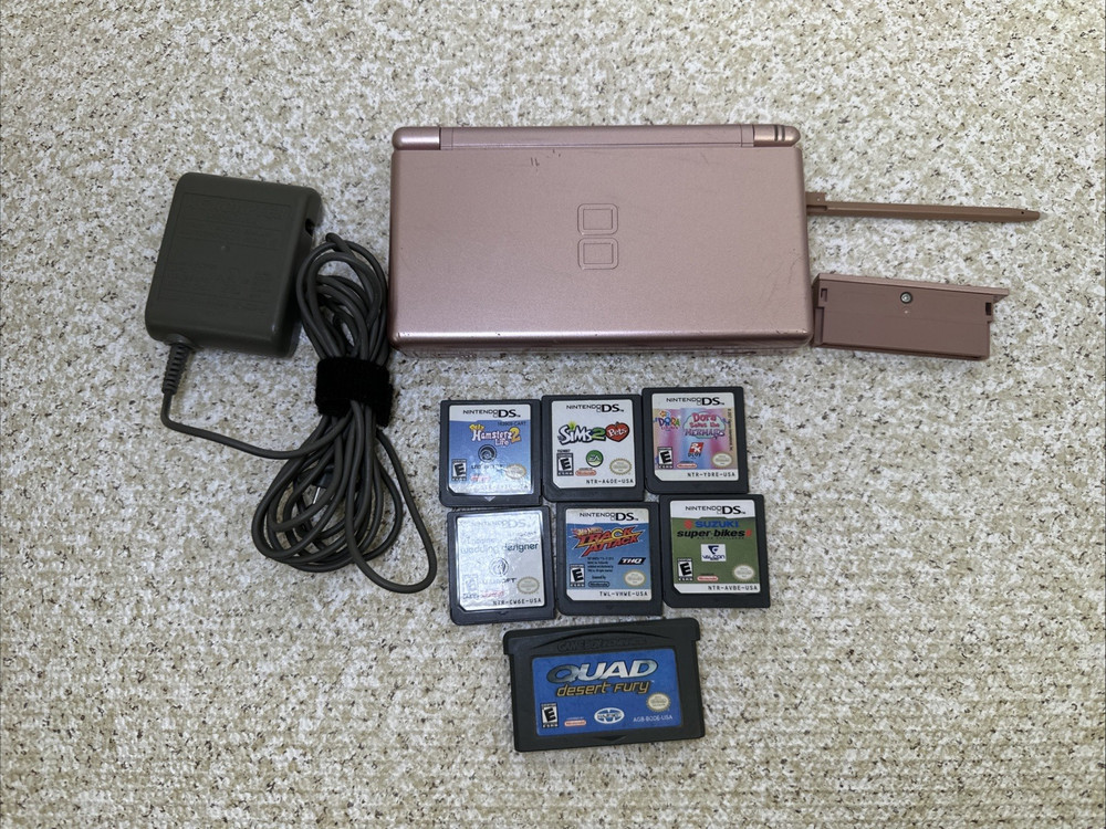 Nintendo DS Lite USG-001 Metallic Rose W/Charger, Stylus & 7 Games Tested/Works
