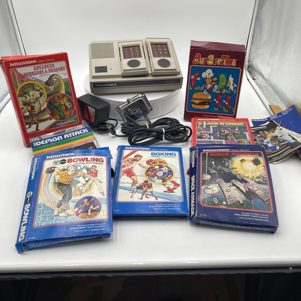 Mattel Intellivision II Console #5872, Controllers, Cables, & 7 Games Untested