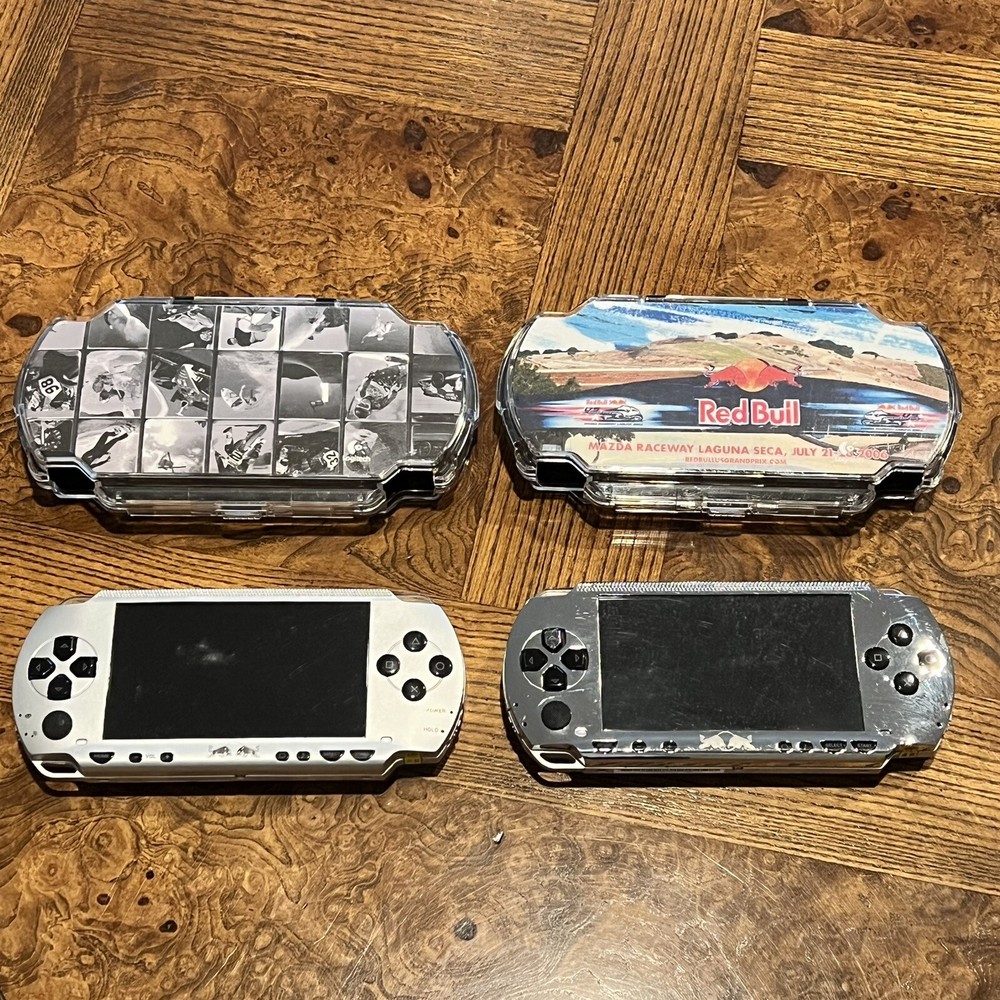 2 RARE Red Bull PSP 1000 1001 Systems + 2 Cases Redbull (Tested & Working)