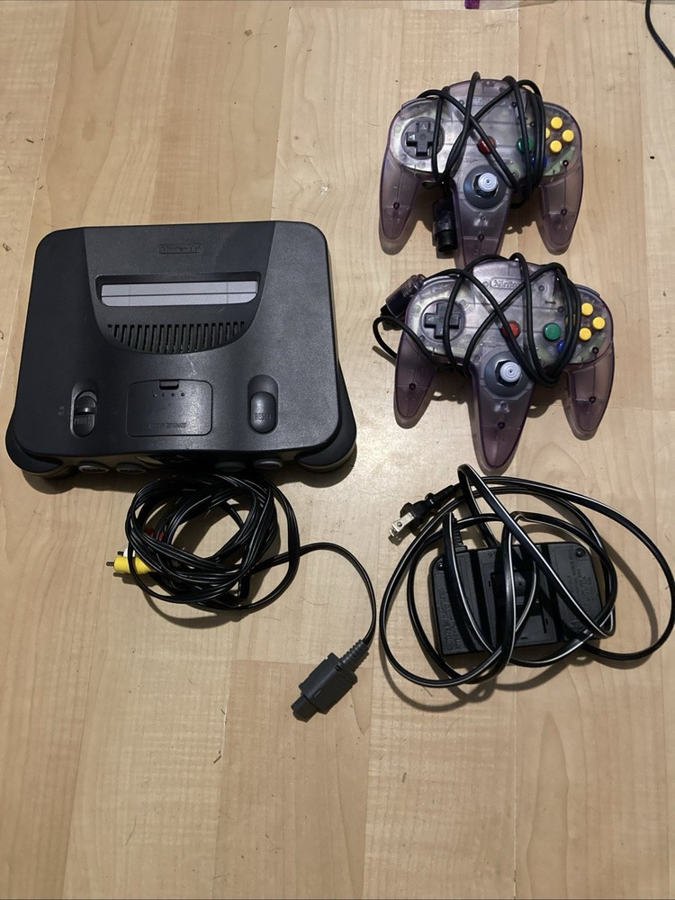 Nintendo 64 Black Console With 2 Purple Controllers And Power Cables