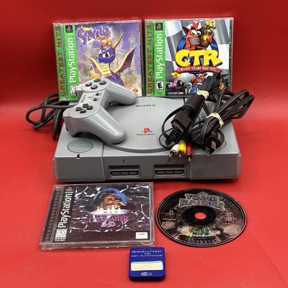 Sony PlayStation 1 PS1 Console Bundle w/Controller/Cables/Memory Card/4 Games