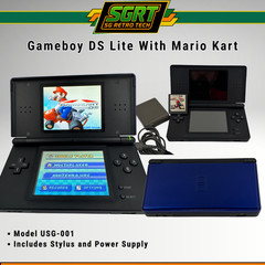 Nintendo DS Lite Cobalt Blue Black Console Bundle Charger Stylus Mario Kart DS